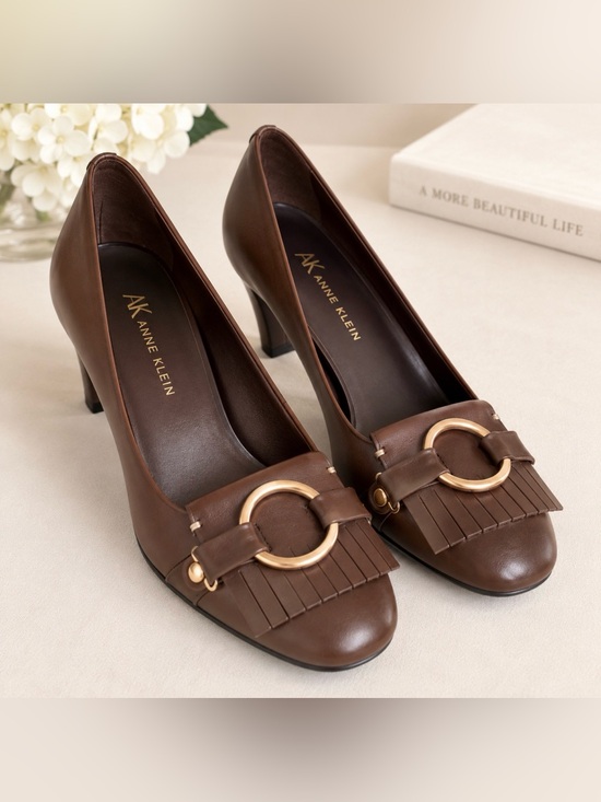 Anne Klein Shoes - Anne Klein Brown Leather Pumps Size 8.5 Gold Ring Buckle Fringe New Without Box